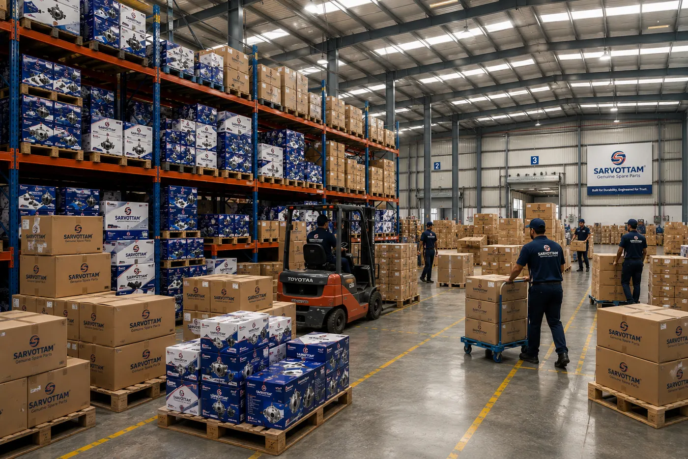 Forklift moving pallets in Sarvottam warehouse