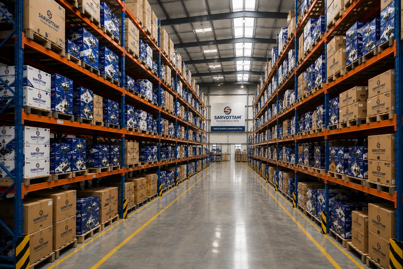 Central aisle of Sarvottam warehouse with pallet racking