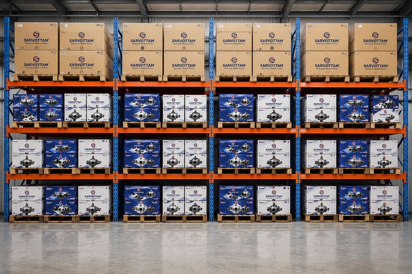 Palletized cartons of Sarvottam spare parts on racking