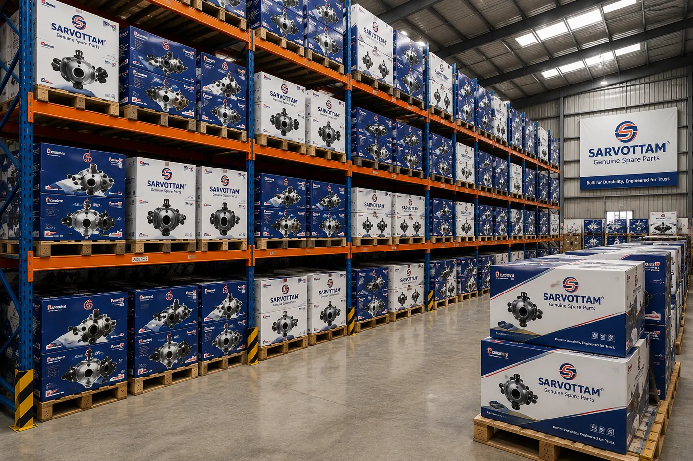 Pallets of Sarvottam spare parts staged for dispatch