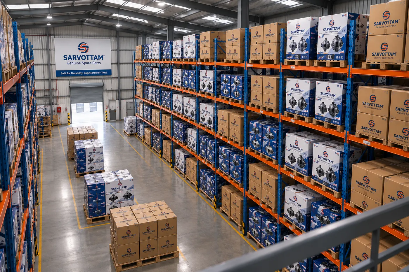 Elevated view of Sarvottam warehouse floor and racking